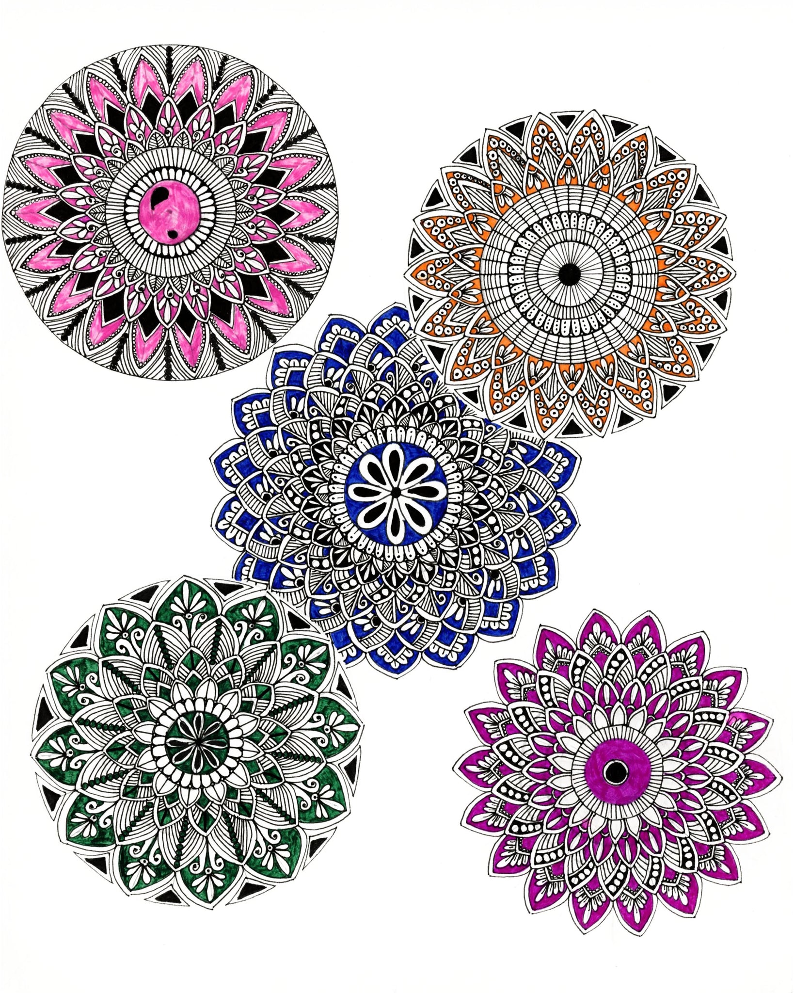Hand Drawn Color Wheels of  Mandalas
