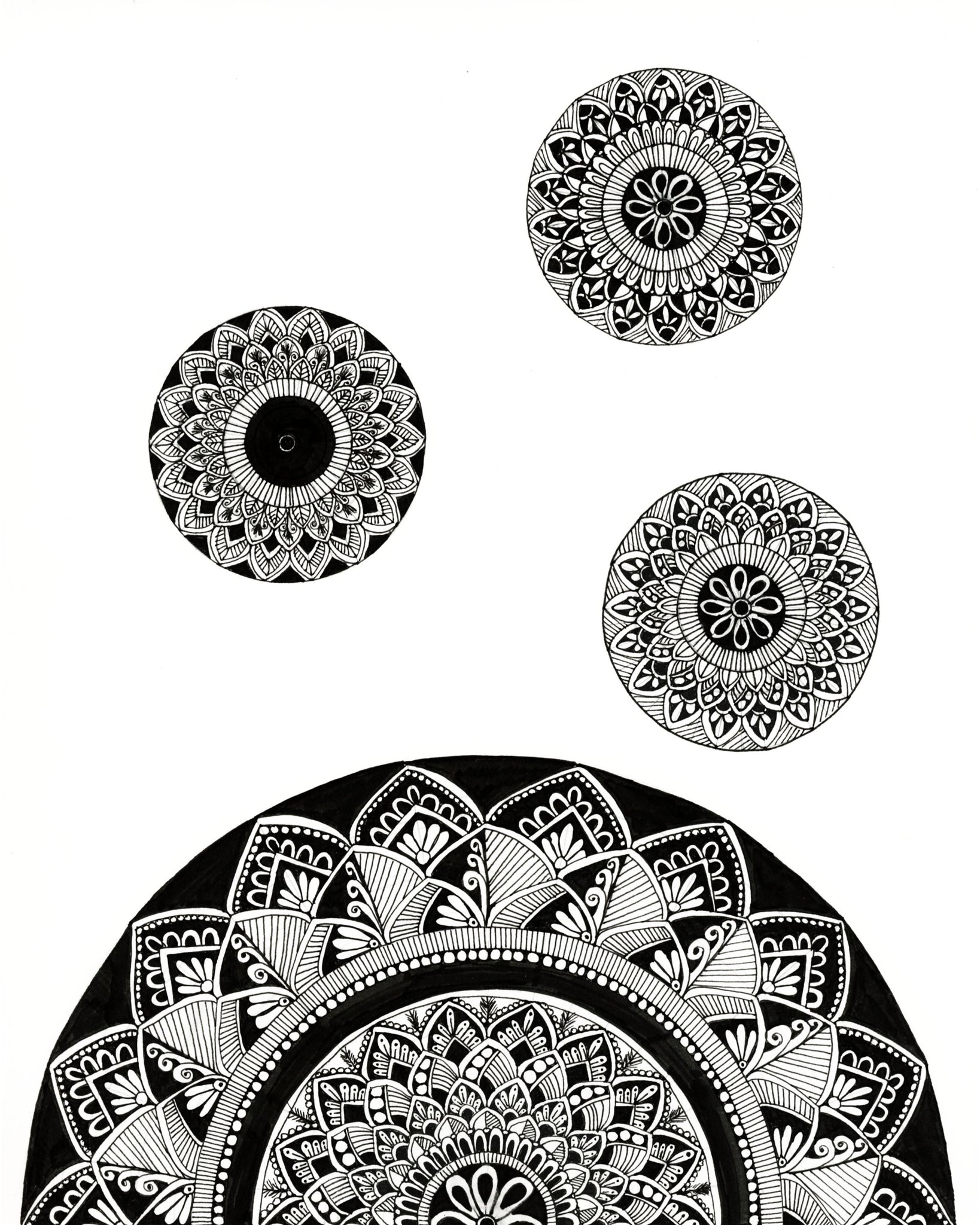 Tri-Wheel & Half-Dome Mandala Black and White Art